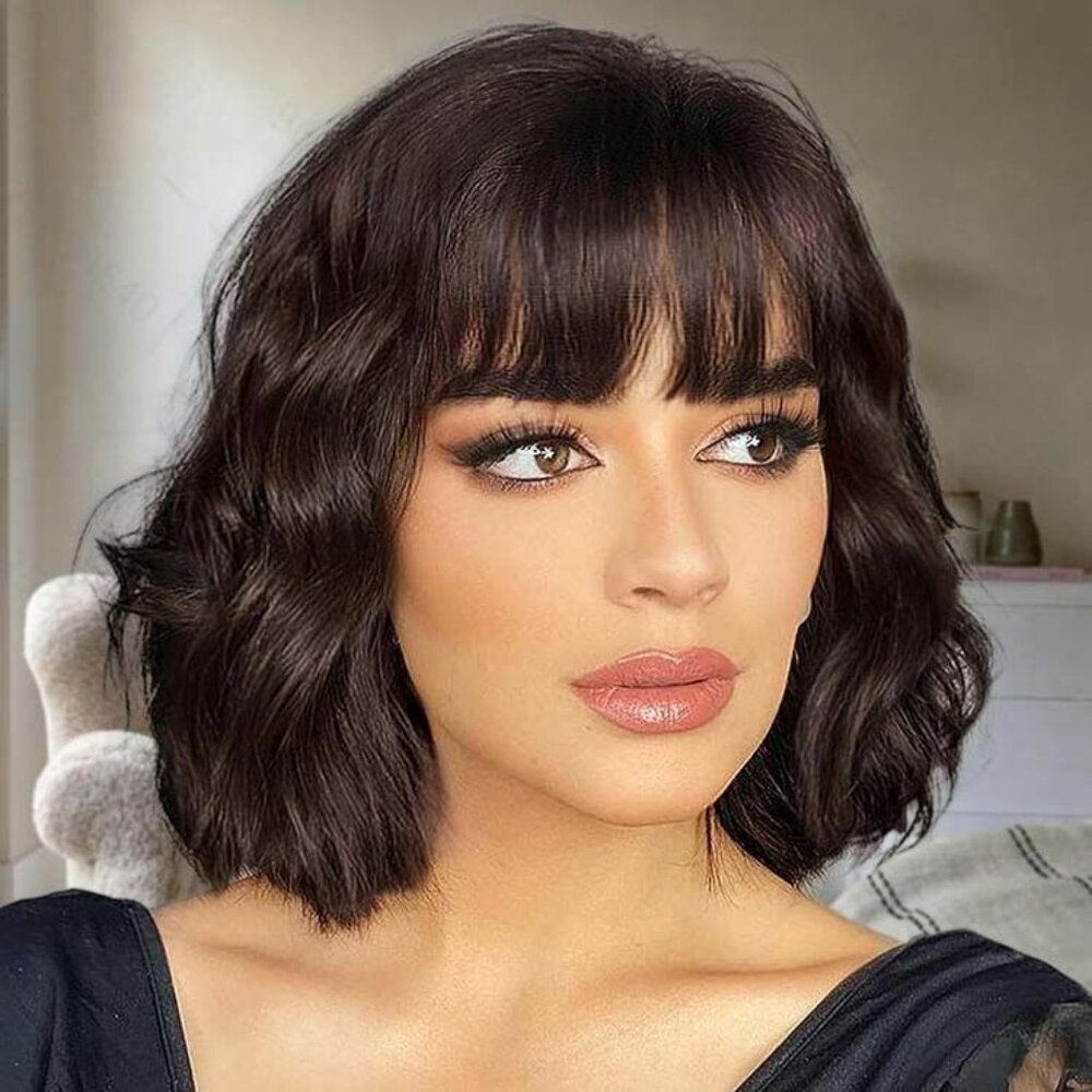 Glueless Short Wave Bob Wig With Bangs 4X4 Closure Lace 100% Human Hair